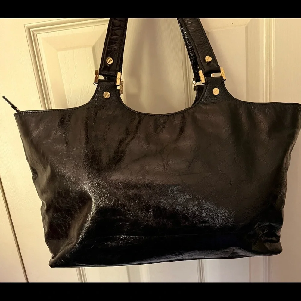 Tory Burch Satchel. Large. Black. Leather18” W by 9.5”H.4” Depth. 8” Bag Handle. - Picture 2 of 15